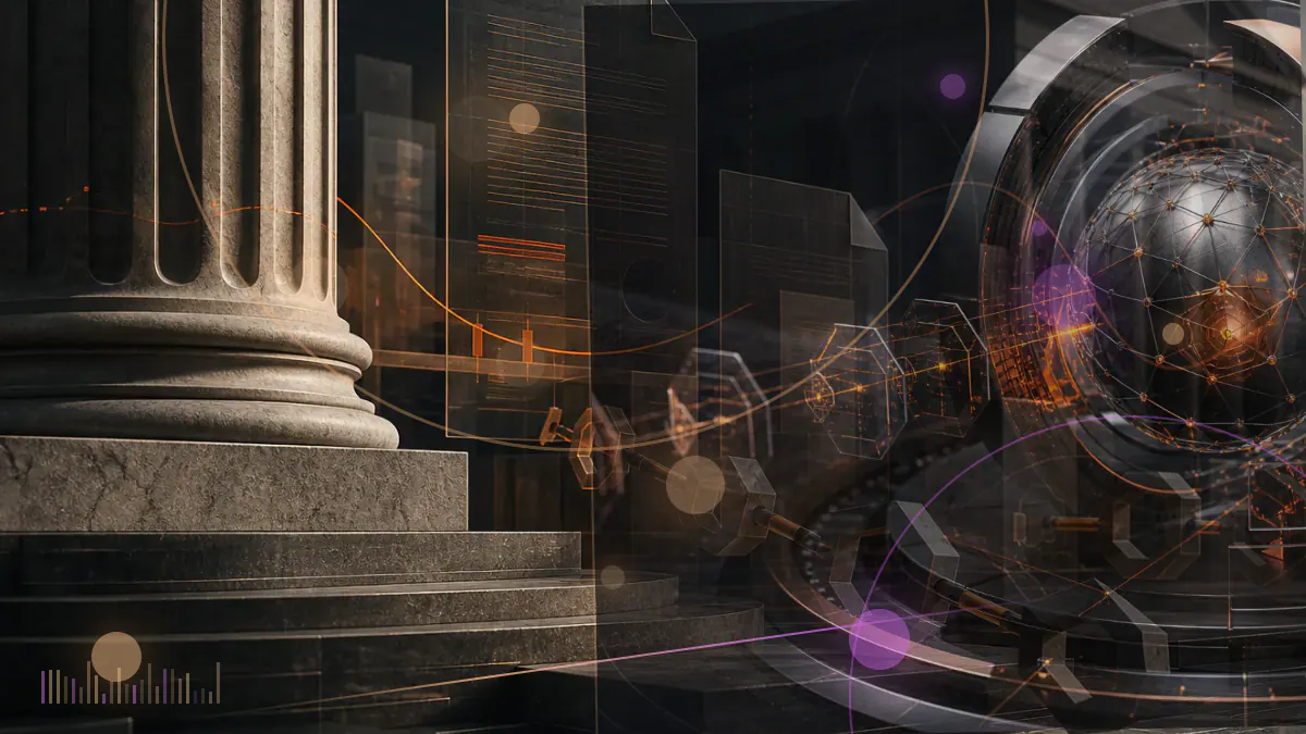 Conceptual illustration of two bitcoin traders controlling a two-key escrow while an arbitrator observes without a signing key