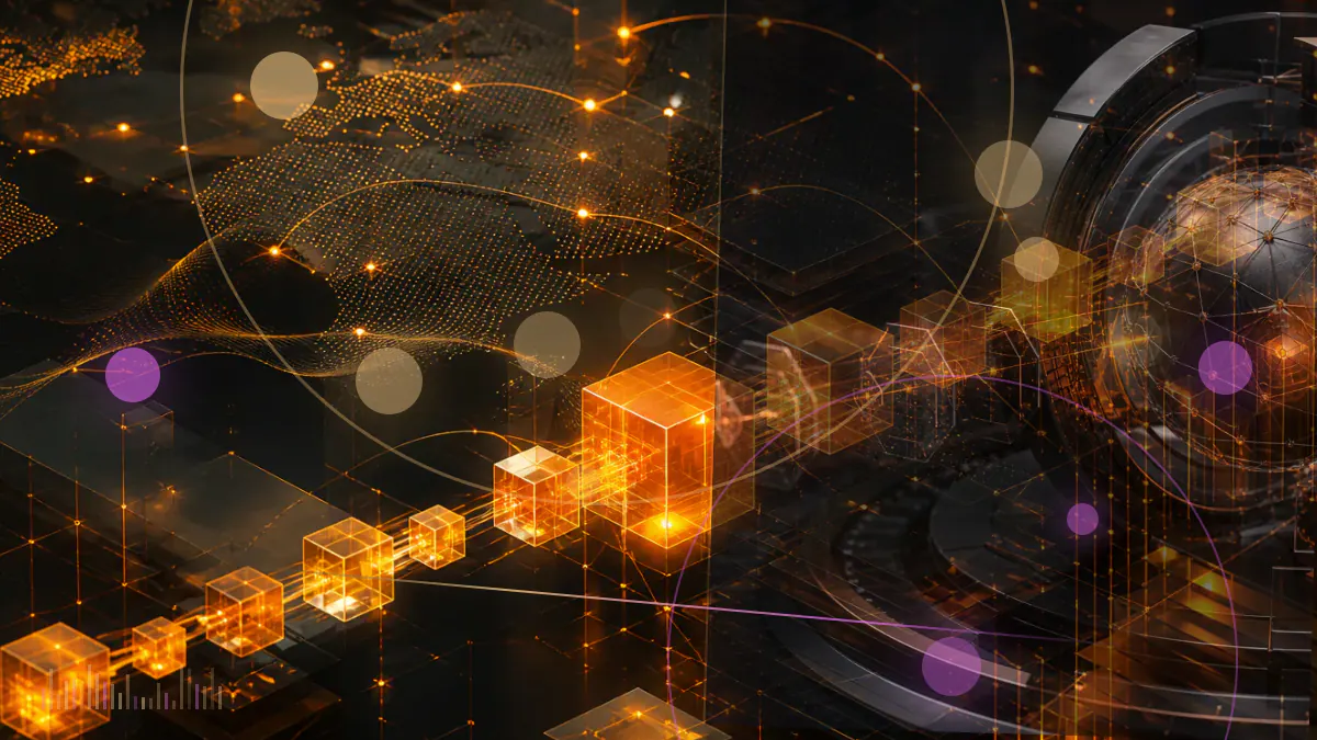 Conceptual illustration of bitcoin rising above a market chart while bank buildings and disrupted dollar-payment rails recede in the background
