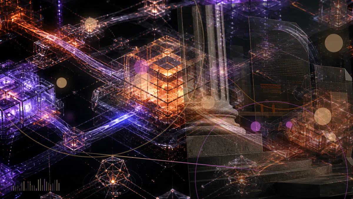 Conceptual illustration of a rising Bitcoin market display beside a Chinese policy document and connected blockchain nodes
