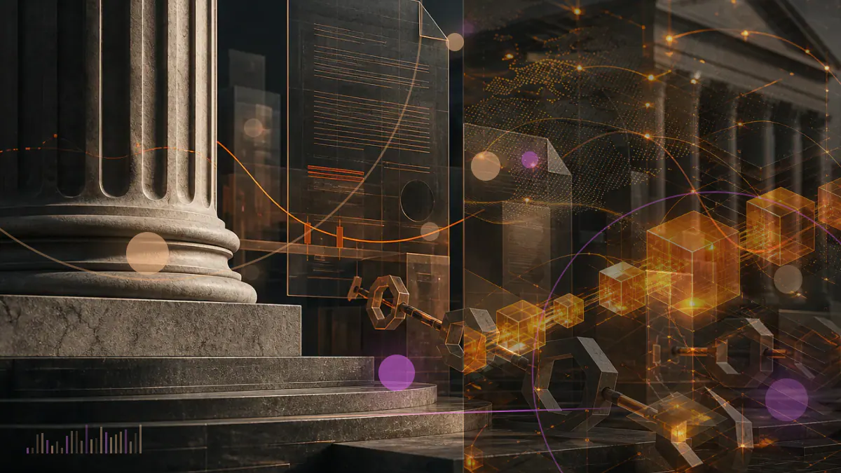 Conceptual illustration of bitcoin market data beside an institutional futures contract and secure custody vault