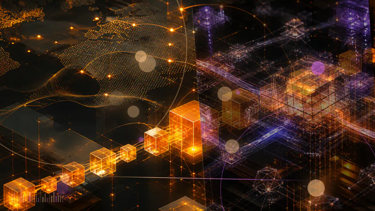 Conceptual market chart breaking downward beside diverging Bitcoin Cash blockchain paths
