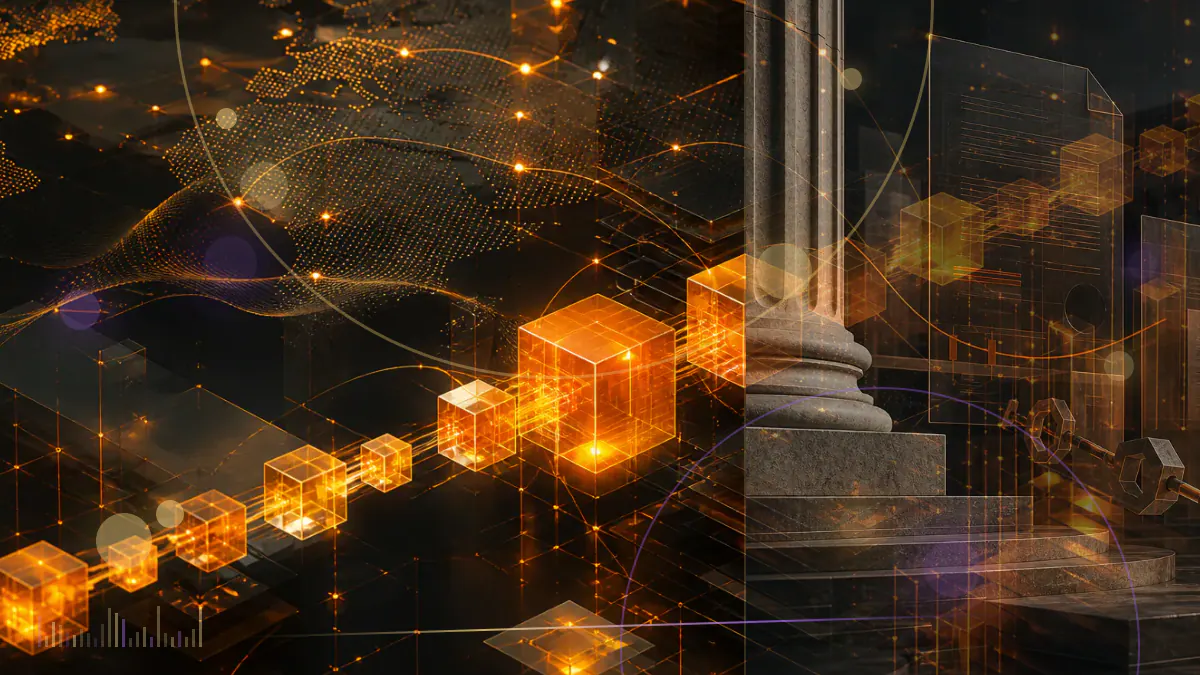 Conceptual illustration of Bitcoin rising above a market chart while fractured bank buildings and dollar-payment rails recede in the background