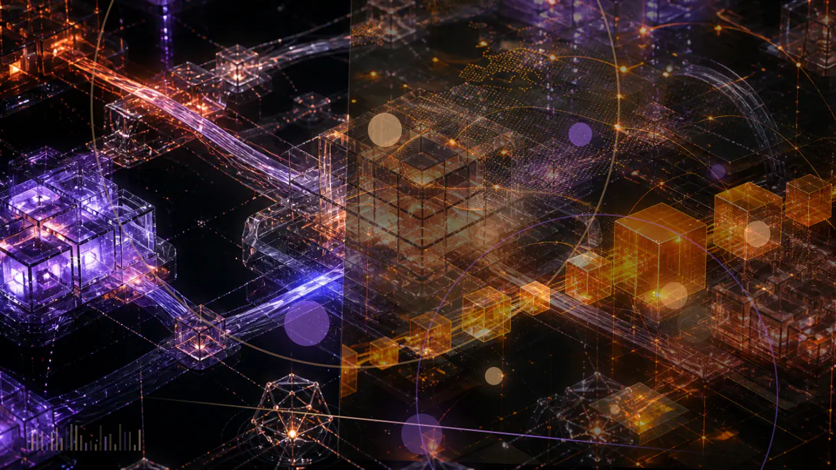 Conceptual illustration of dense Bitcoin Cash transactions flowing through a large blockchain block