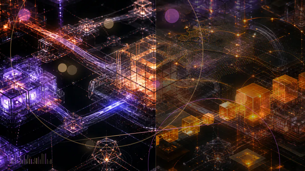 Conceptual illustration of bitcoin and several digital assets descending across a fragmented exchange-price grid
