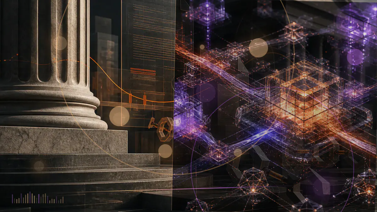 Conceptual illustration of a luminous bitcoin symbol rising through a $28,000 market threshold beside ether and institutional-market motifs