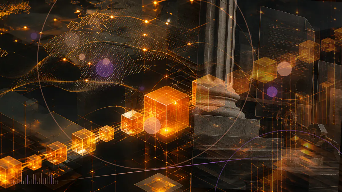 Conceptual Bitcoin mining network with rows of computing hardware converging on a rising hash-rate signal