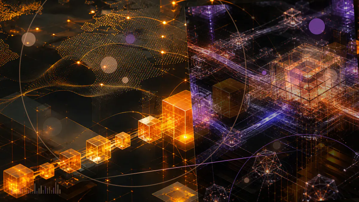 Conceptual illustration of Bitcoin mining machines recalibrating around a falling proof-of-work difficulty gauge