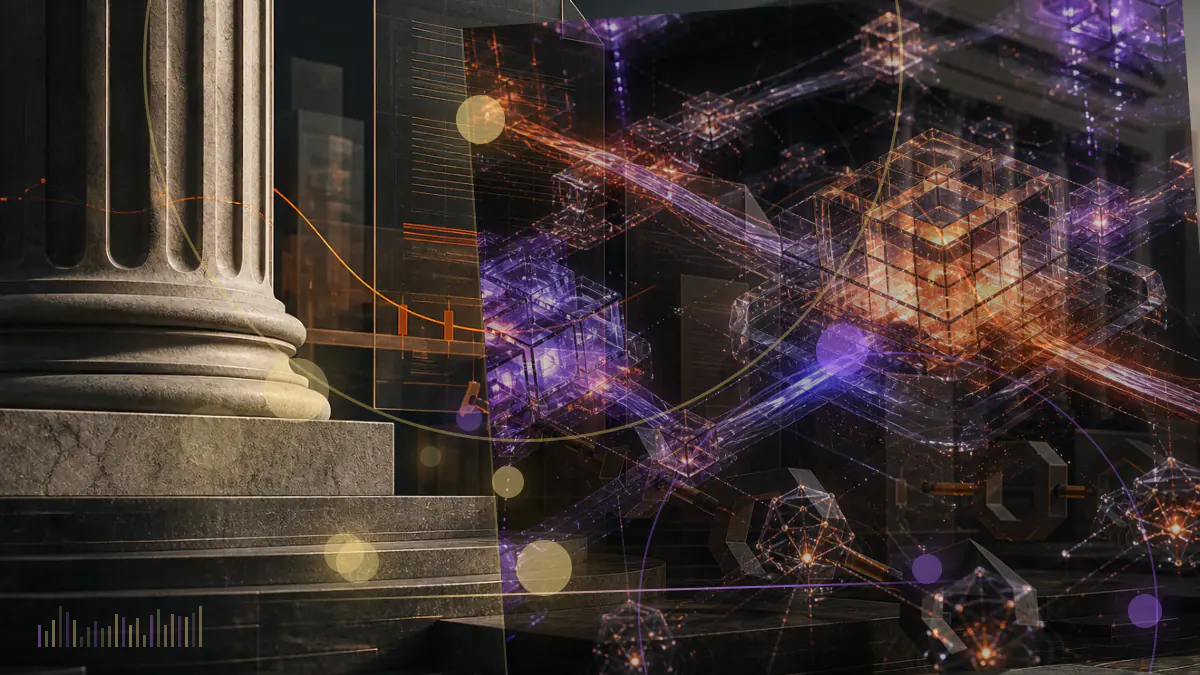 Conceptual illustration of Bitcoin mining nodes recalibrating around a proof-of-work difficulty gauge
