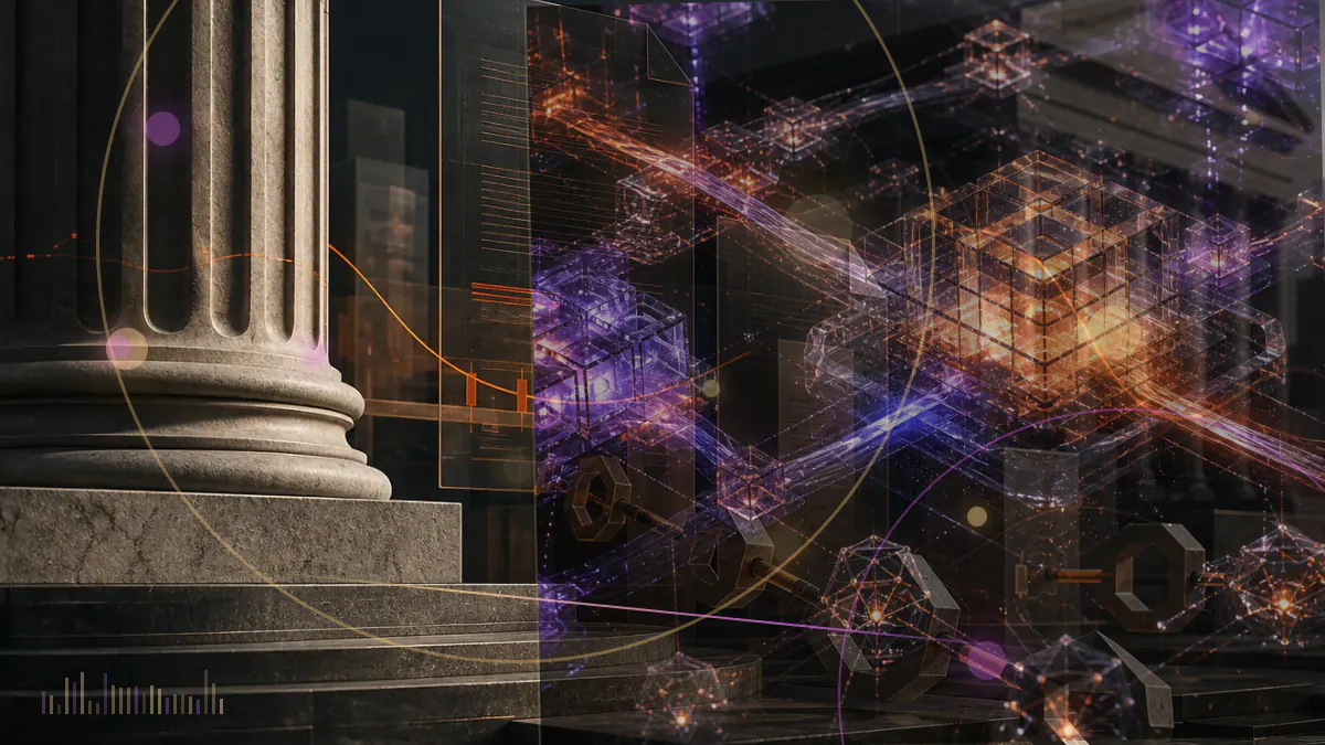 Conceptual illustration of Bitcoin mining nodes recalibrating around a sharply rising proof-of-work difficulty gauge
