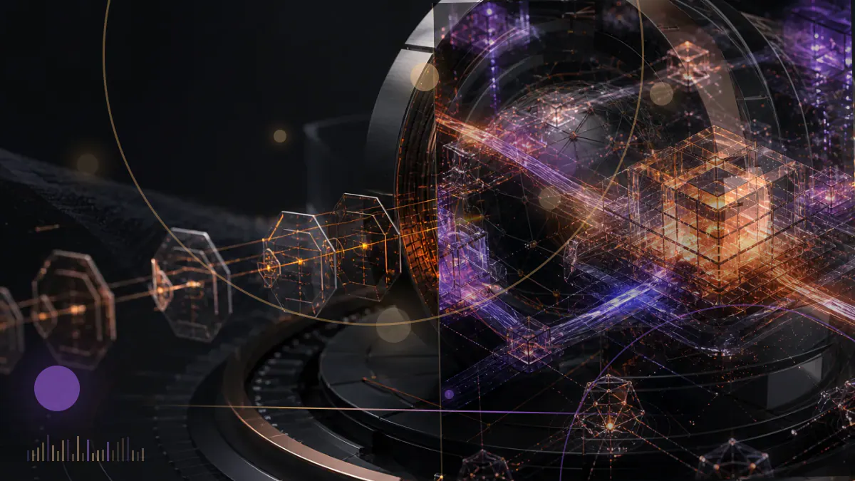 Conceptual illustration of Bitcoin mining machines recalibrating against a rising network-difficulty grid