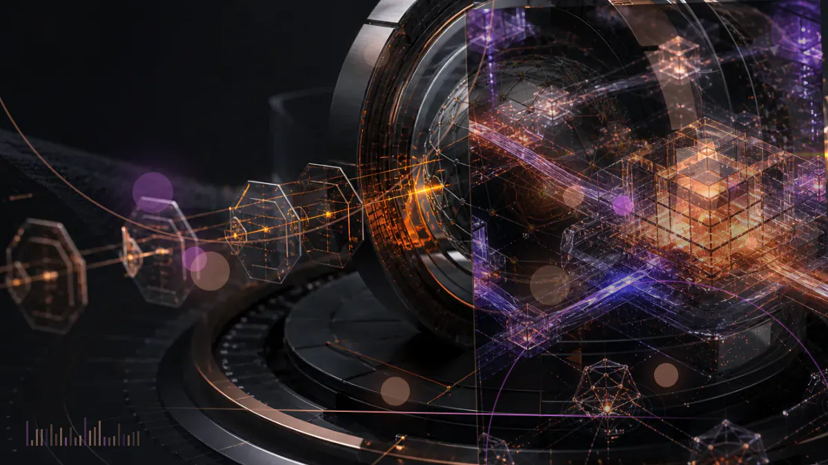 Conceptual illustration of Bitcoin mining machines recalibrating around a rising proof-of-work difficulty gauge