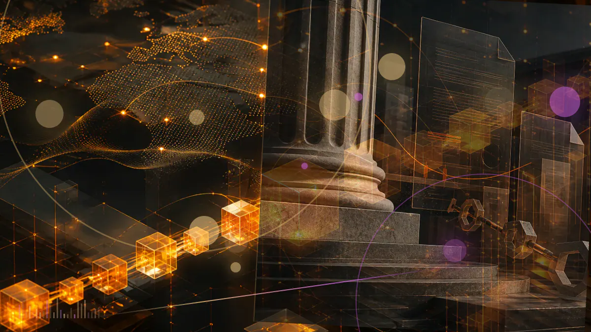 Conceptual illustration of bitcoin flowing into a row of exchange-traded fund structures dominated by one large fund