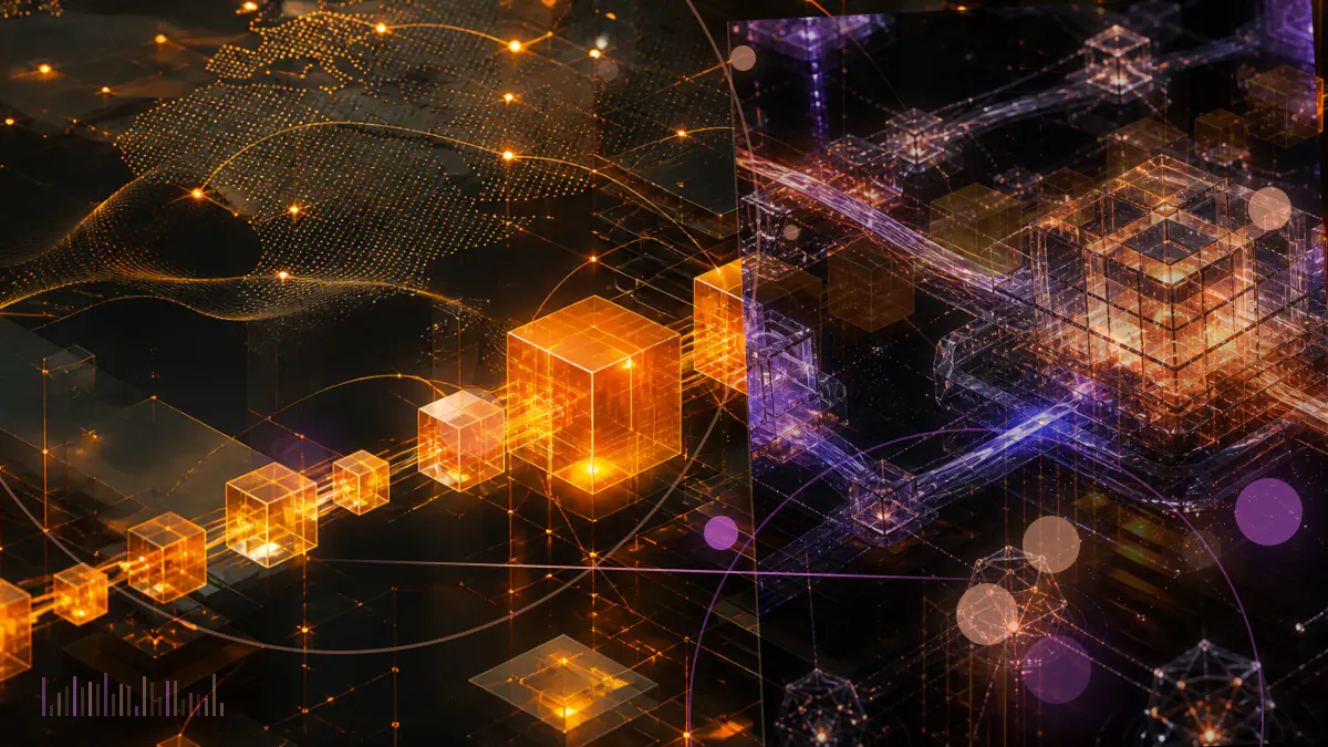 Conceptual illustration of a Bitcoin symbol descending through red market lines against a subdued global backdrop
