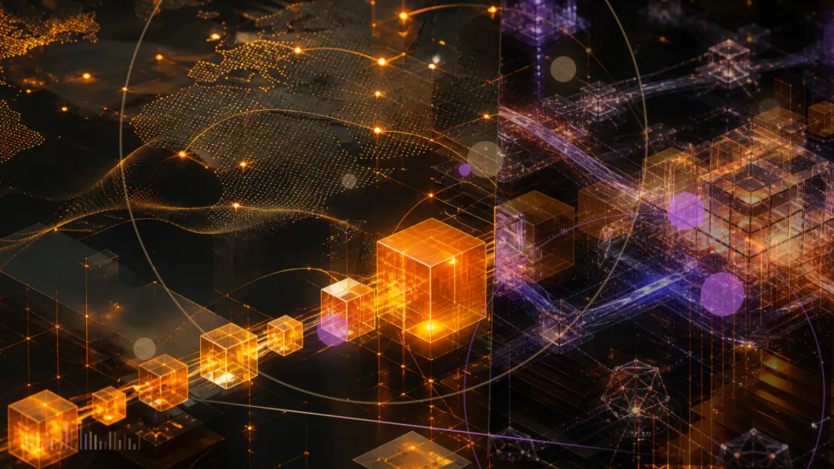 Conceptual illustration of a descending bitcoin price chart fractured by liquidation markers and institutional market screens