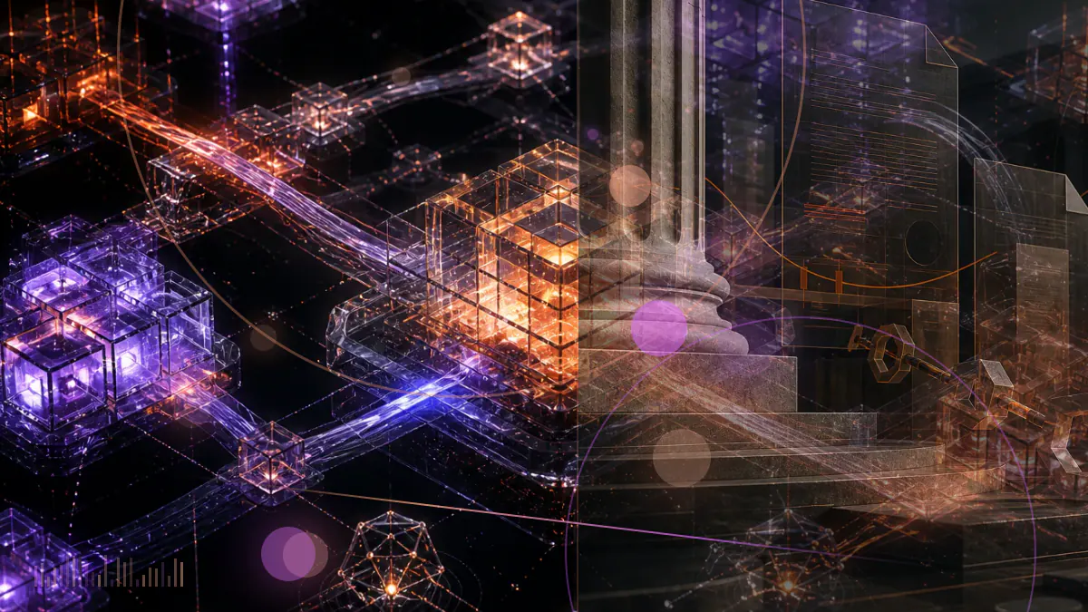 Conceptual illustration of Bitcoin mining blocks, falling computing power and transaction fees supporting miner revenue