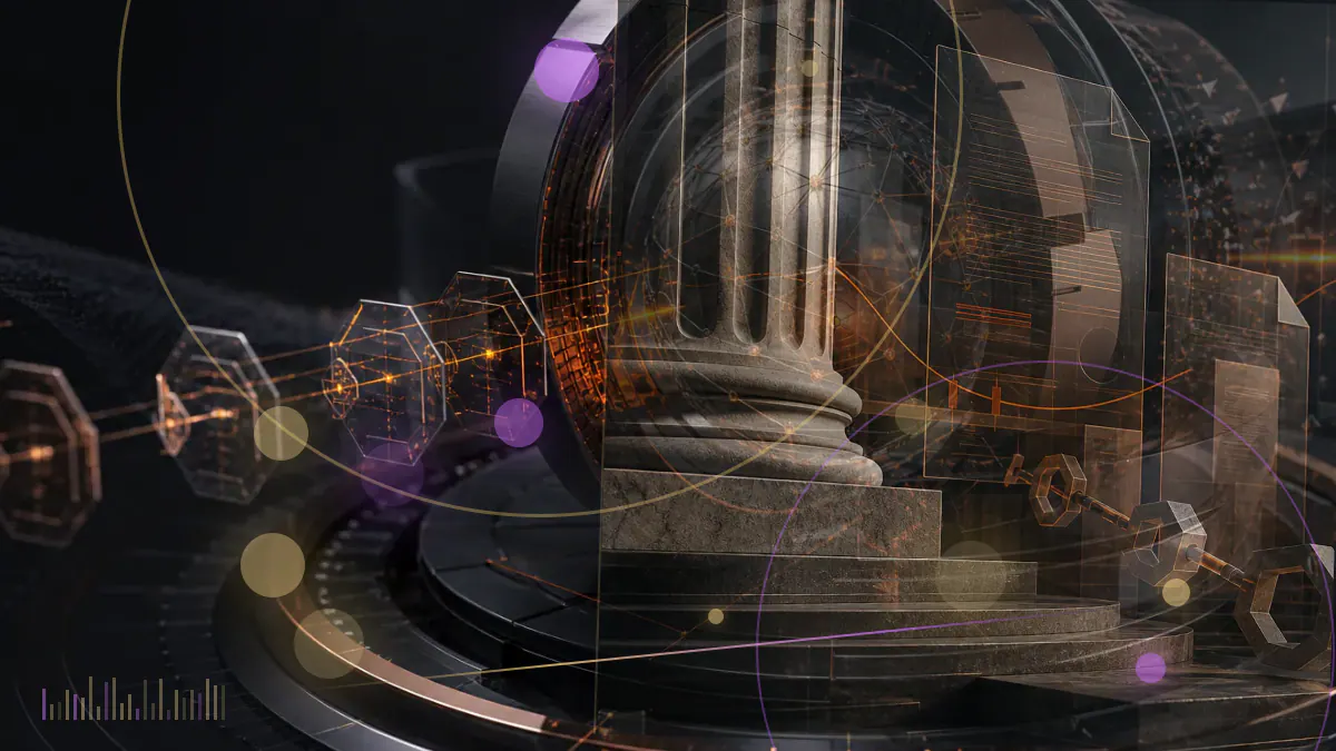 Conceptual illustration of a fractured Bitcoin symbol beside a falling digital market chart and an abstract social-media message
