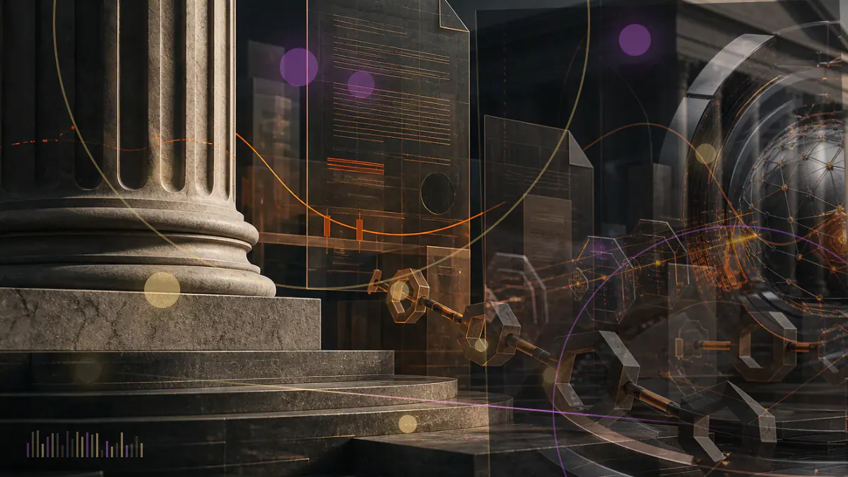 Conceptual illustration of obscured bitcoin transactions converging on a federal courthouse and evidence ledger