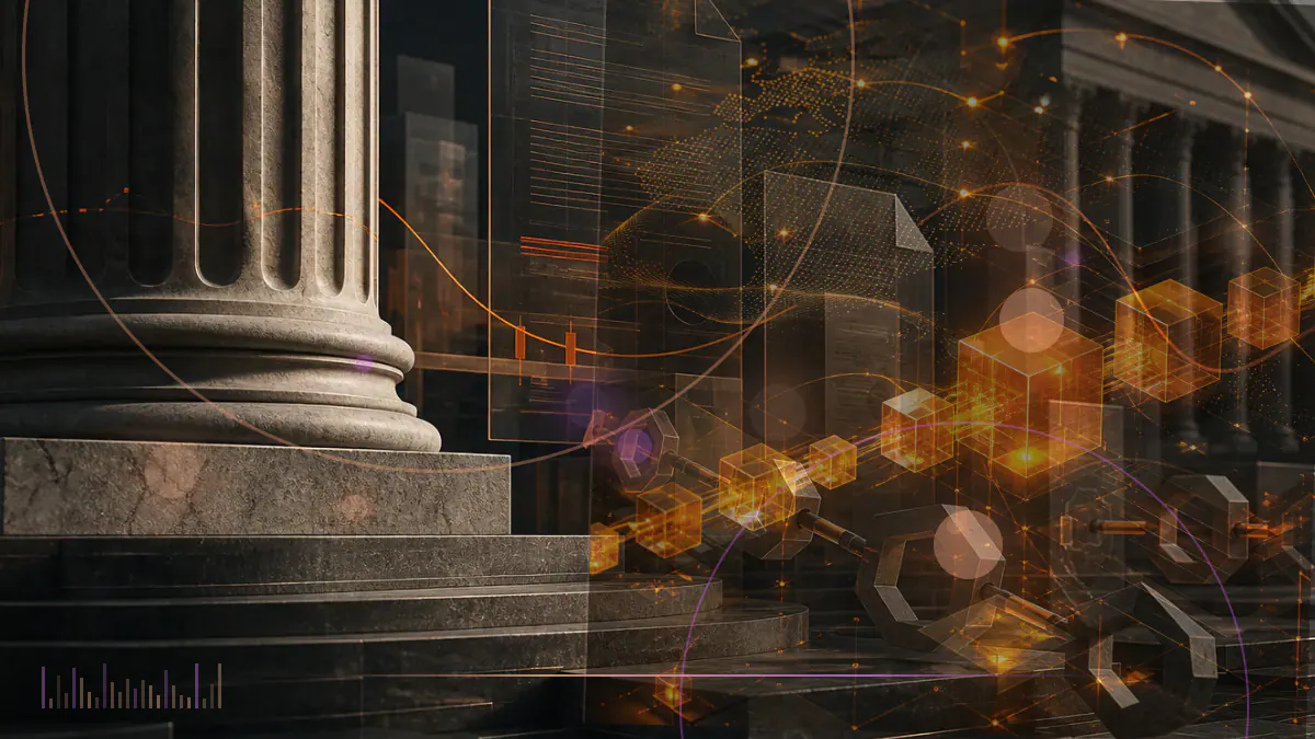 Conceptual illustration of bitcoin moving through exchange-traded fund channels from negative to positive annual flows