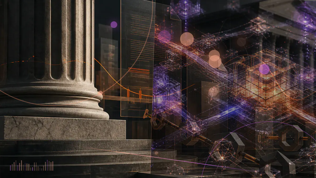 Conceptual illustration of bitcoin fund flows beside a Federal Reserve interest-rate gauge