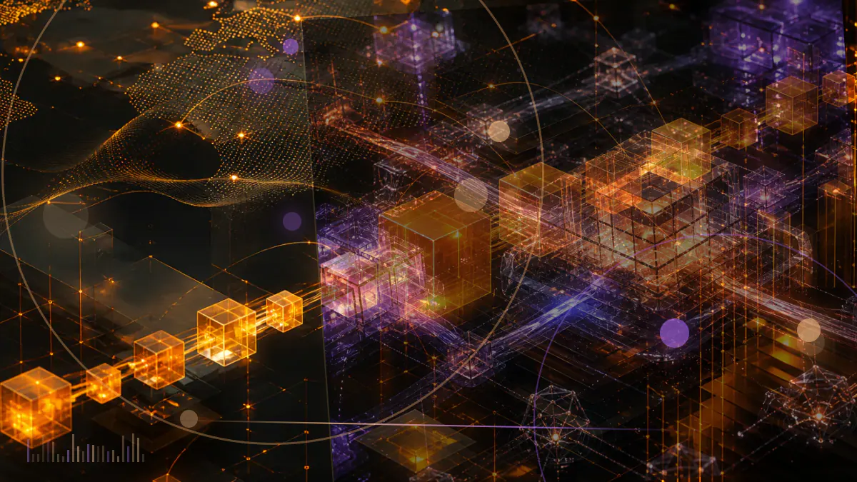 Conceptual visualization of a proof-of-work blockchain splitting into competing Bitcoin Gold transaction histories beside an exchange ledger