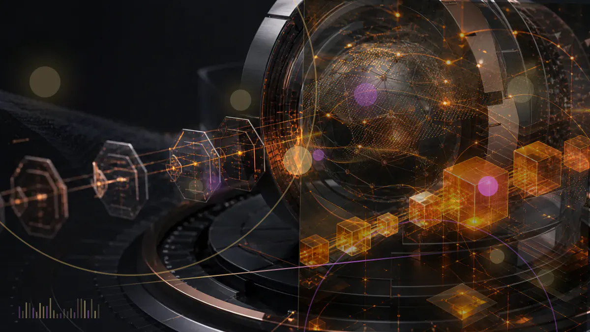 Conceptual illustration of Bitcoin mining computation rising toward a 100-exahash network gauge