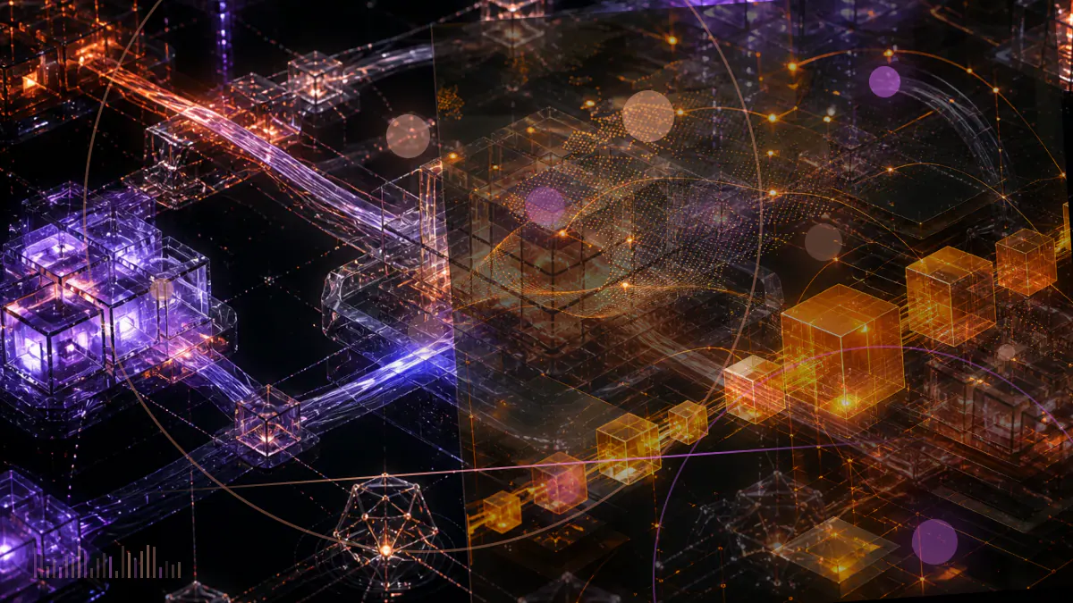 Conceptual illustration of Bitcoin mining machines projecting expanding streams of cryptographic hashes toward a glowing blockchain
