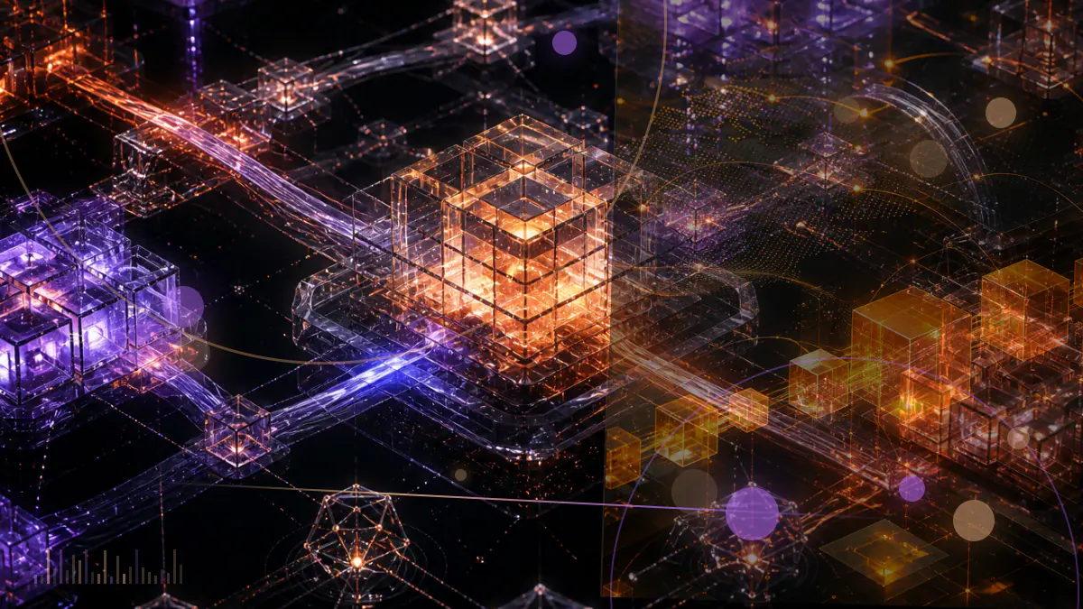 Conceptual illustration of Bitcoin mining computation rising across a distributed network of illuminated nodes
