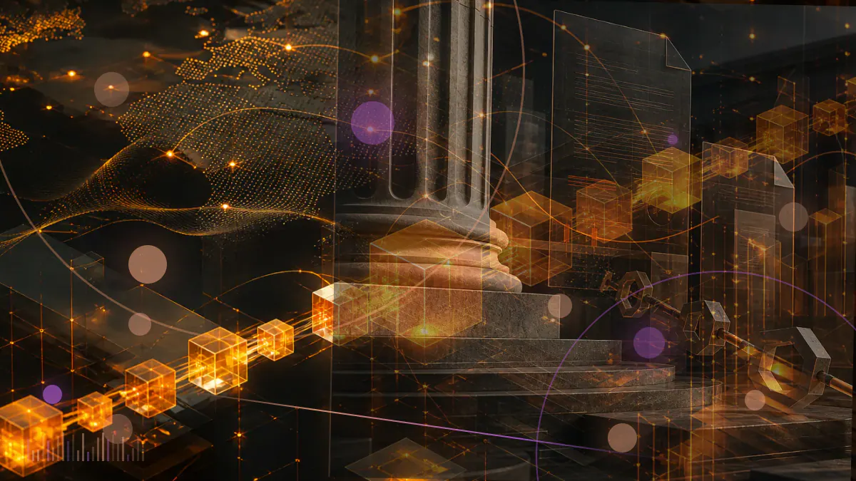 Conceptual illustration of Bitcoin mining processors connected across a luminous network as computational activity rises