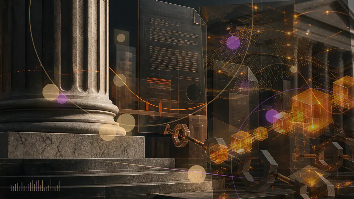 Conceptual illustration of a rising bitcoin market chart beside an on-chain capitalization ledger