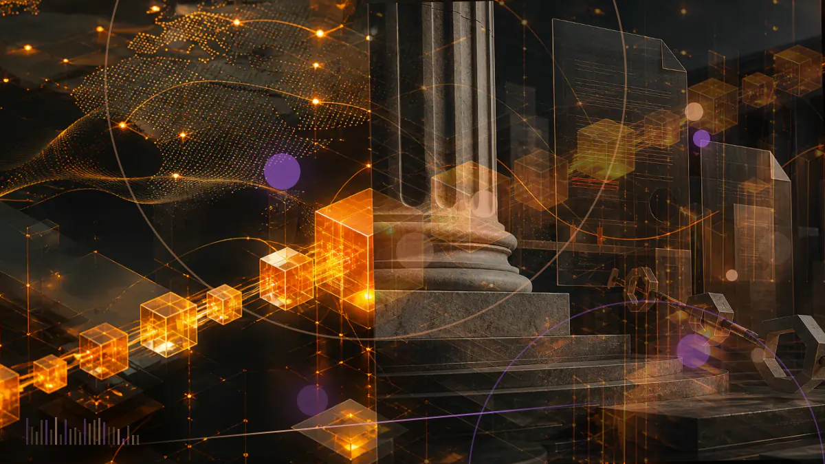 Conceptual illustration of bitcoin and other major digital assets descending across a high-volume market chart