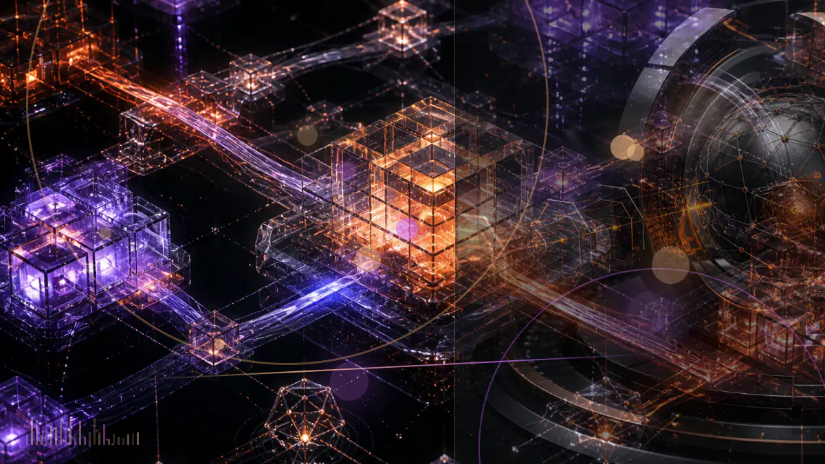Conceptual illustration of Bitcoin Ordinal artifacts rising above Ethereum and Solana NFT market columns