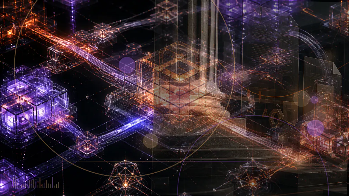 Conceptual illustration of bitcoin descending through a stressed derivatives grid beside institutional fund outflows