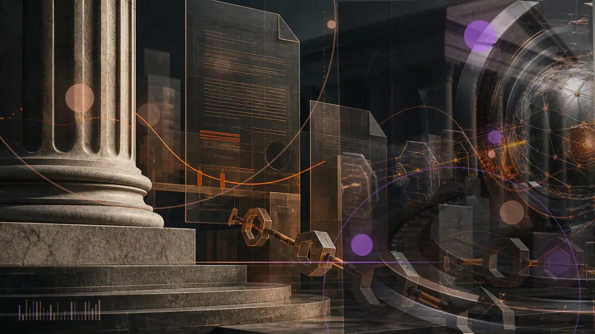 Conceptual illustration of Bitcoin beside a Federal Reserve rate dial and a nearly flat market chart