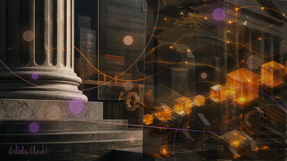 Conceptual market display showing a steady bitcoin benchmark beside a rising Cosmos network token and an institutional futures ledger
