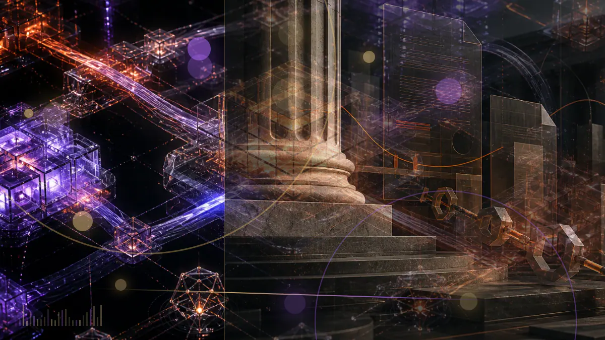 Conceptual illustration of bitcoin holding above a glowing market plateau after a political transition