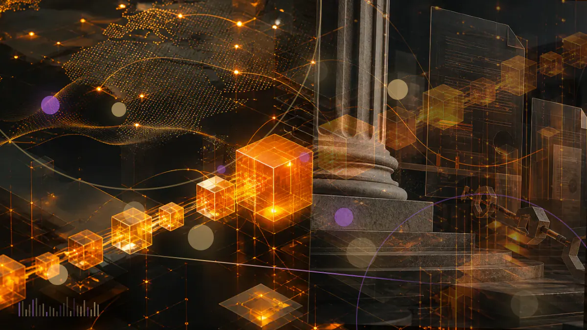 Conceptual illustration of the Bitcoin network crossing a one-billion-transaction counter as linked blocks extend across a digital ledger