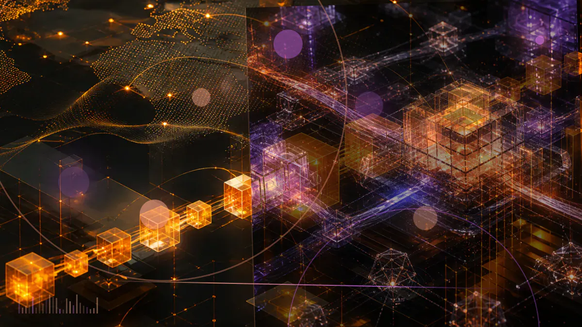 Conceptual view of text records flowing into blocks on the Bitcoin network