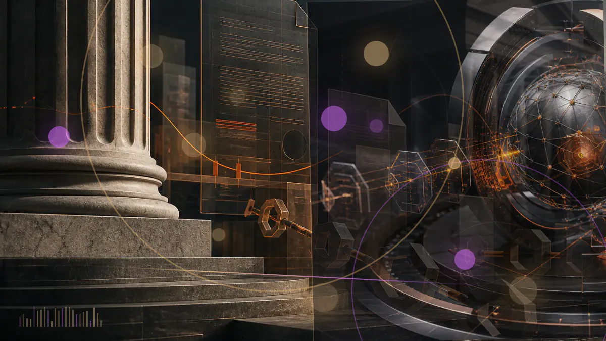 Conceptual illustration of a recovering bitcoin market line beneath the shadow of a fractured Terra stablecoin reserve