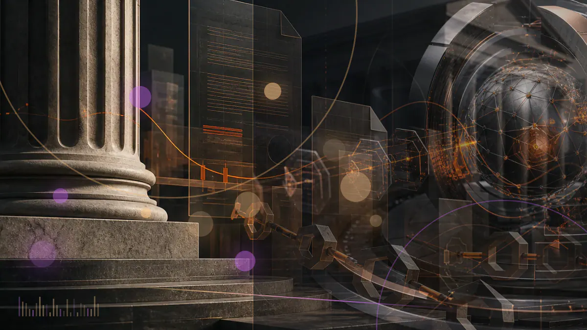 Conceptual illustration of Bitcoin mining machines reconnecting around a sharply lowered proof-of-work difficulty threshold