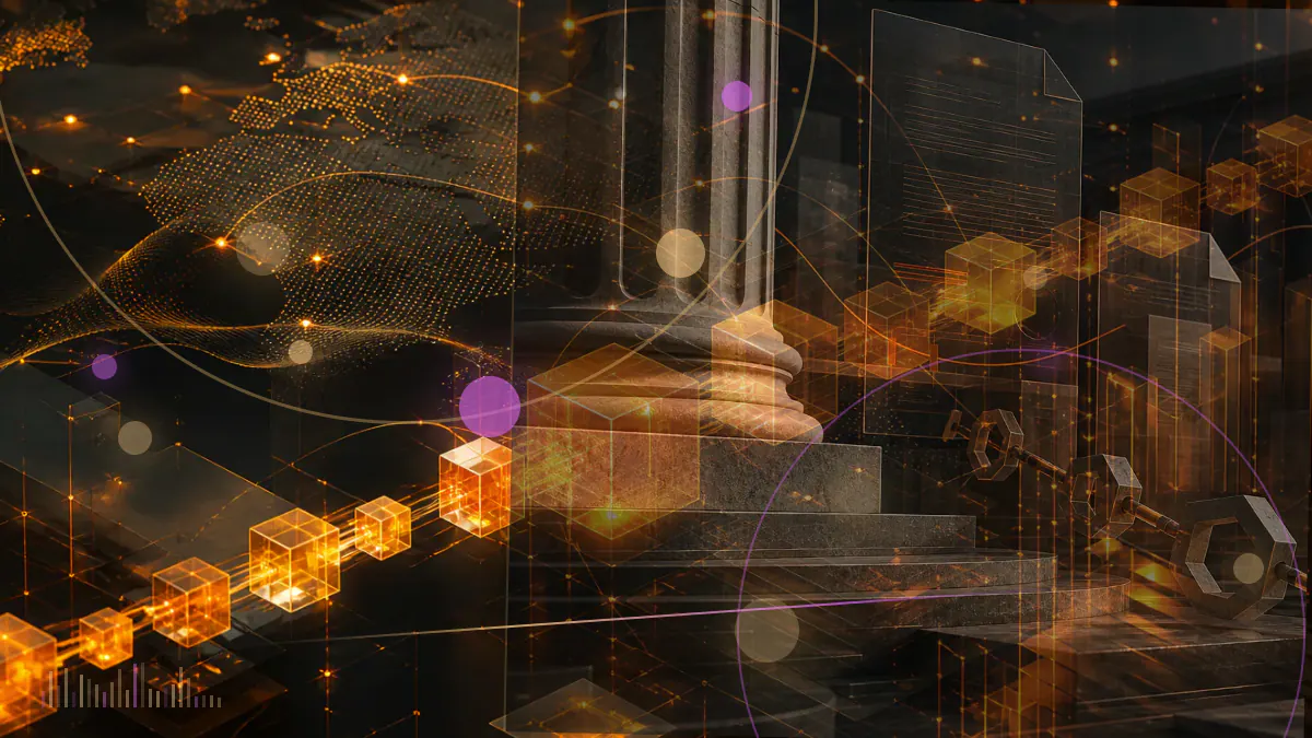 Conceptual illustration of a descending bitcoin market chart meeting a regulated futures settlement ledger