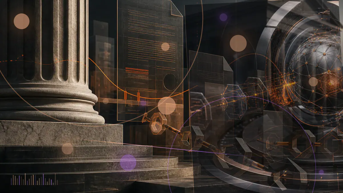 Conceptual illustration of two competing Bitcoin blocks converging into one canonical blockchain as a market chart falls in the background