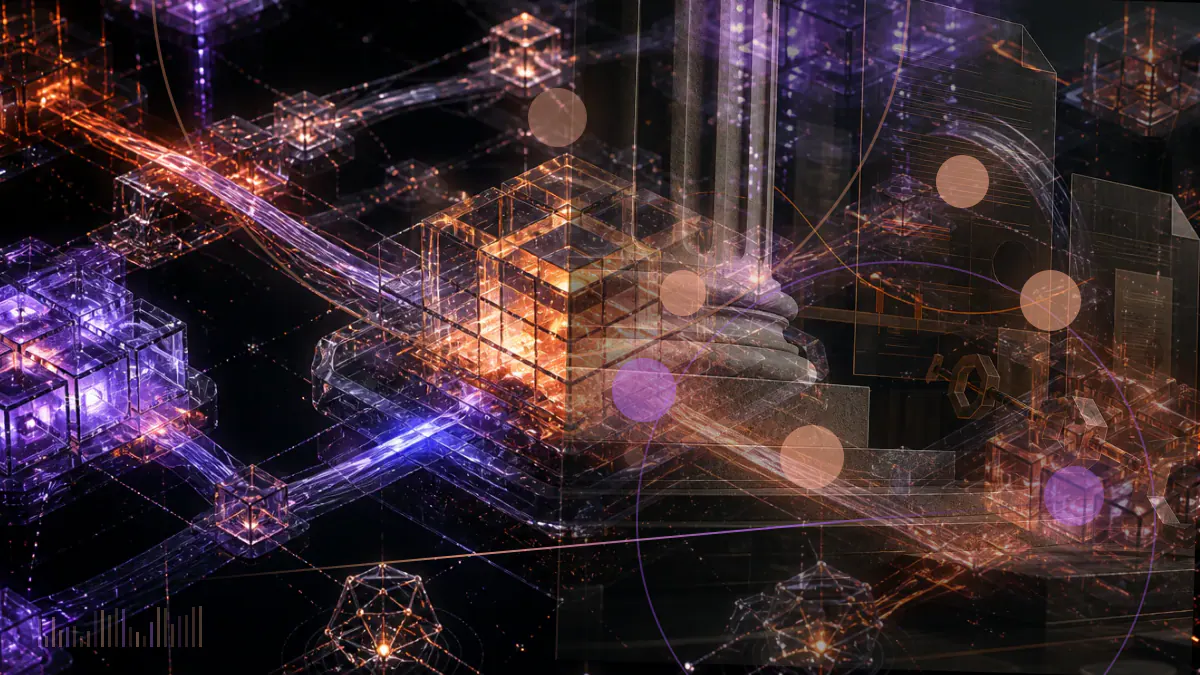 Conceptual illustration of Bitcoin SV block 630,000 dividing a stream of newly issued coins while mining machines redistribute computing power