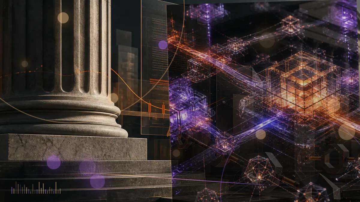Conceptual illustration of a Bitcoin block connecting to branching cryptographic script paths as Taproot activates