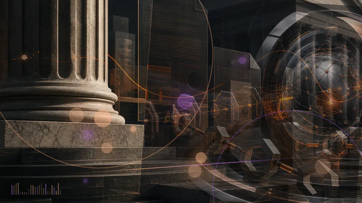 Conceptual illustration of densely packed small Bitcoin transactions flowing into nearly full blocks while a separate market-price line declines