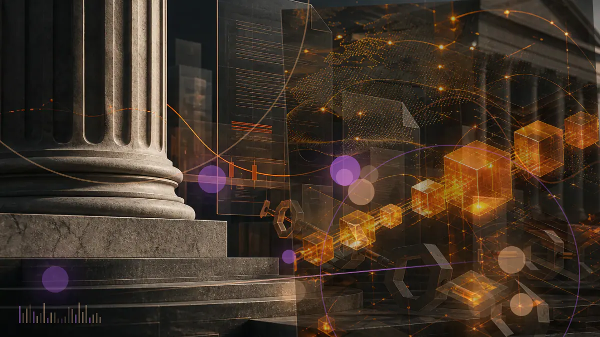 Conceptual illustration of a nine-page technical paper evolving into a proof-of-work network, trading market and institutional policy debate