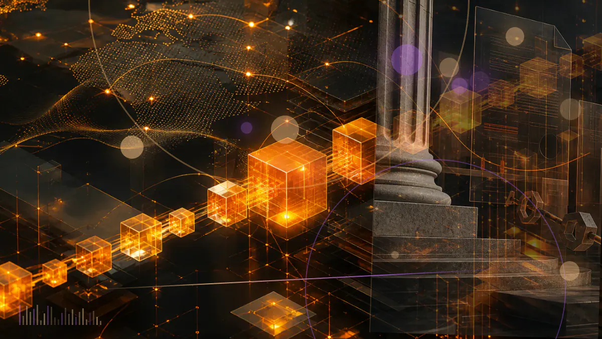 Conceptual illustration of a cryptocurrency lending network breaking apart around a federal legal filing