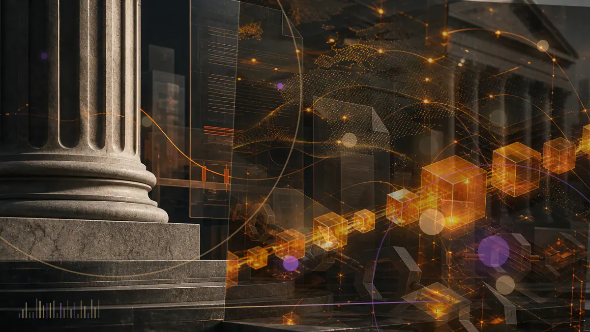Conceptual illustration of illuminated bitcoin-mining racks connected to Quebec power infrastructure and financing documents