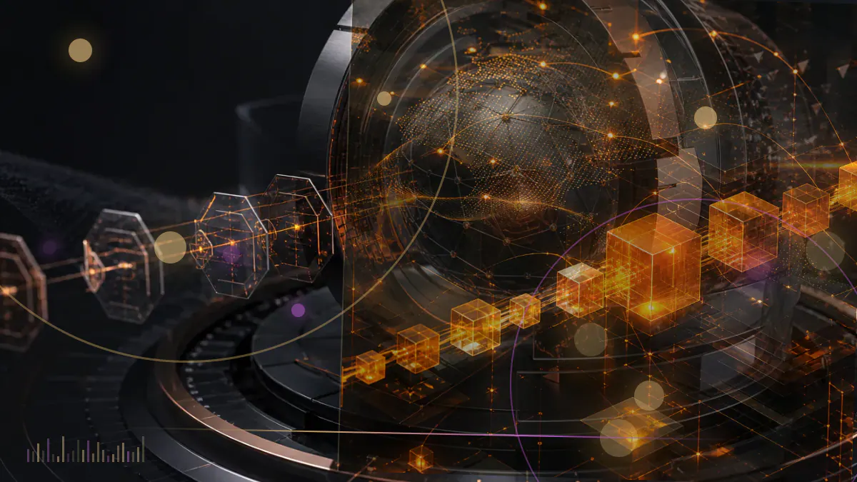 Conceptual illustration of Bitcoin mining computers joining with an industrial power facility and electrical grid