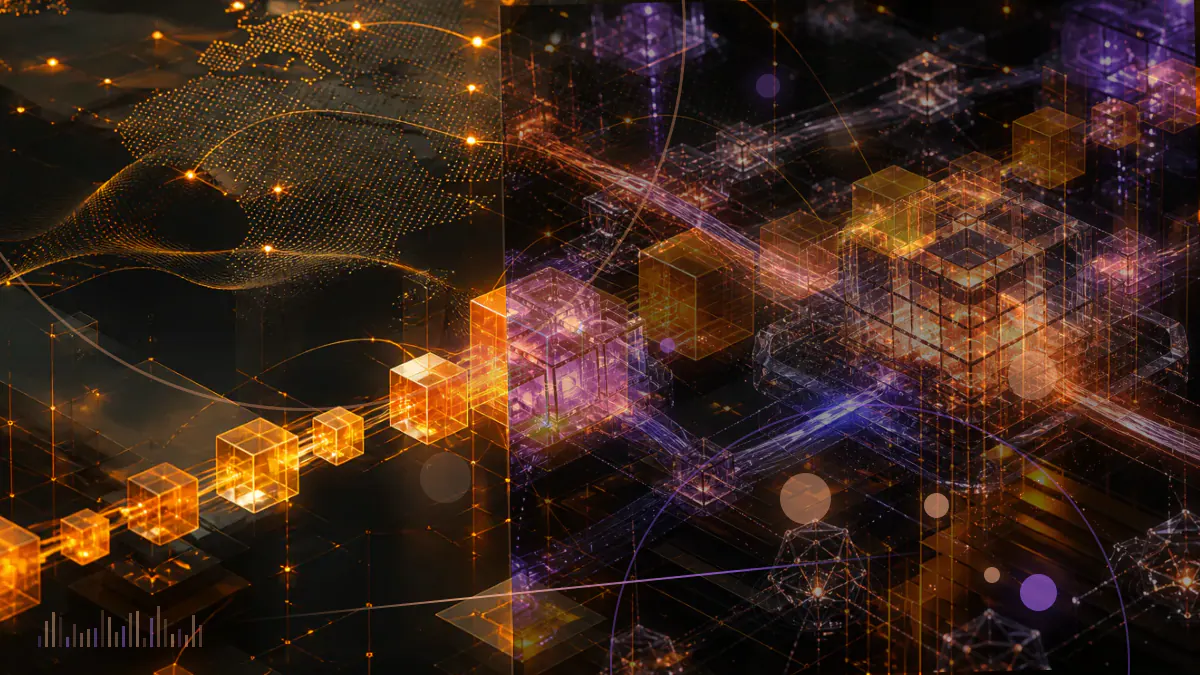 Conceptual illustration of a shuttered cryptocurrency exchange separating from an intact distributed ledger as Nano tokens disappear into a dark transaction path