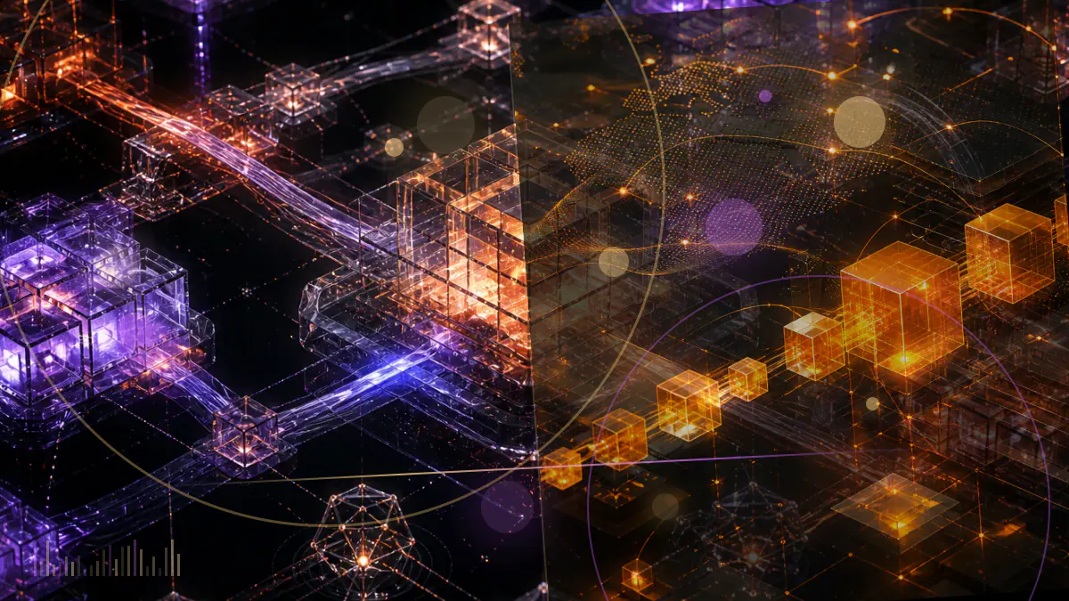 Conceptual illustration of a darkened cryptocurrency-mining research center with Bitcoin hardware and departing technical staff